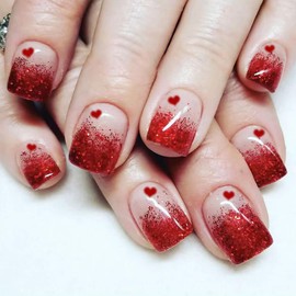 Valentine's Day Press on Nails Short Glitter Heart Fake Nails Gradient Red Heart Glitter Design Sparkly Valentine's False Nails Cute Press on Glue Stick on Nails Valentine's Stick on Nails for Women