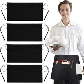 DECARETA Short Apron,4 Pcs Waiter Half Apron Kitchen Aprons with 3 Pockets,Black Waitress Apron for Men Women at Cafe,Bakery,Restaurant,Bar,Kitchen(60x30cm)