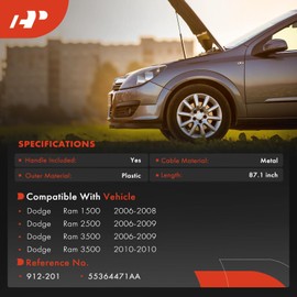 A-Premium Front Hood Latch Release Cable with Handle Compatible with Dodge Ram 1500 2006-2008, Ram 2500 2006-2009, Ram 3500 2006-2010, 87.1 inch, Replace# 55364471AA