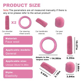 5PCS Fluffy Car Steering Wheel Cover Set, Includes Faux Fur Gear Shift Cover & Handbrake Cover & Steering Wheel Protector & 2 Seat Belt Shoulder Pads, Winter Fuzzy Warm Car Accessories (Pink)