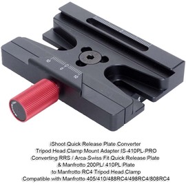 iShoot Clamp Adapter Mount Converter, Conversion Arca-Swiss Fit Quick Release Plate 200PL / 410PL Plate to RC4 Tripod Clamp, Compatible with Manfrotto 405/410/488RC4/498RC4/808RC4 Tripod Ball H. ead