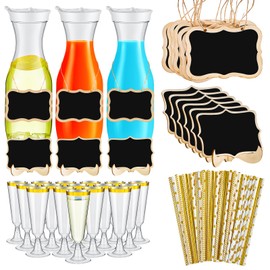 Mumufy 73 Pcs Mimosa Bar Supplies 50 oz Plastic Water Carafe with Lids Juice Plastic Champagne Flutes Plastic Mimosa Glasses with Wooden Chalkboard Tags Stickers Straws for Milk Wine (Gold)