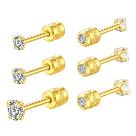 3 Pairs Screw Back Stud Earrings,Hypoallergenic Stainless Steel Cubic Zirconia Double Sided Ear Ringing for Women Men Cartilage Tragus Earring 2-4mm (Gold-2/3/4mm)