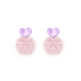 Pom Pom Heart Earrings Puffy Cute Resin Sweet Candy Color Love Heart Shaped Soft Faux Fur Hairball Circle Round Ball Fluffy Stud Earrings for Women Valentine's Day Birthday Trendy Jewelry Gifts (Purple)
