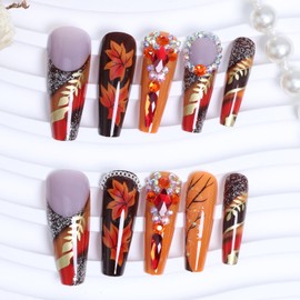 24 PCS Luxury Handmade Press on Nails Long Coffin Fake Nails with Rhinestones Designs Glitter Fall Leaves Press on Y2k False Nails Autumn with Maple Leaf Stick on Nails Thanksgiving for Women DIY