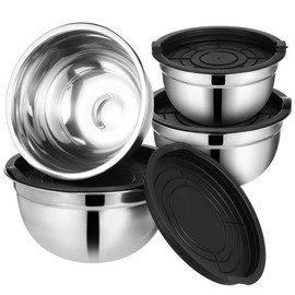 JECOMPRIS Set of 4 Mixing Bowls with Lid: Salad Bowl Set Stainless Steel Mixing Bowls Black for Cooking Baking Storage