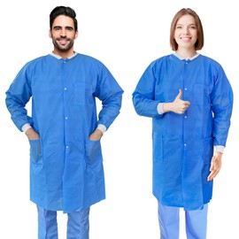 AMZ Disposable Lab Coats for Adults, Large. Pack of 30 Blue SMS Knee Length Lab Coat Disposable. 60 GSM Disposable Coats Medical. Painting Lab Coat with Cuffs, Knit Collar, and 3 Pockets