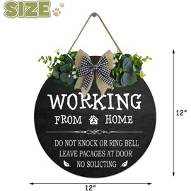 Working From Home Door Sign Please Do Not Knock or Ring Doorbell with Buffalo Plaid Bow Do Not Disturb Front Door Sign for All Seasons Home Office Porch Door Decoration 12 In