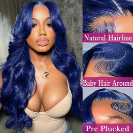 cute fairy Blue Lace Front Wigs Human Hair Colored Human Hair Glueless Wigs for Women Dark Blue Body Wave 13x6 Lace Frontal Glueless Humna Hair Navy Blue Wig 26 Inch 200% Density