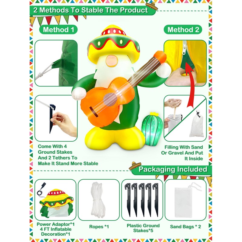 4 Ft Mexican Fiesta Party Decorations Inflatable Gnomes with Cactus