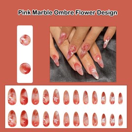 ANDGING Pink Marble Press on Nails Almond Short Medium Fake Nails with Ombre Flower Designs Glue on Nails for Women Gel Stick on Nails for Wedding Acrylic Manicure Pressons Nails Classy False Nails