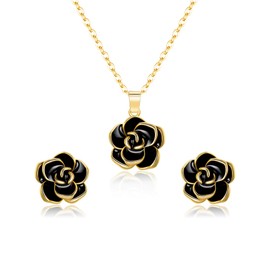 Clearine Black Rose Flower Necklace Earrings Set 14K Plated Hypoallergenic Jewellery Gift for Women Girls