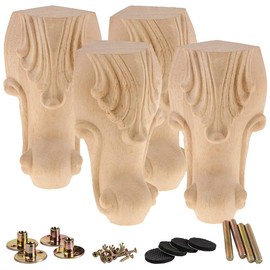 La Vane 4 inch / 10cm Wooden Furniture Legs, Set of 4 European Style Solid Wood Carving Unfinished Furniture Replacement Feet Decoration for Sofa Cabinet Wardrobe Table Loveseat