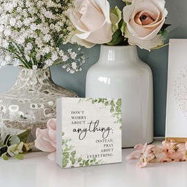 KFXHANGD Inspirational Christian Wooden Box Sign Desk Decor, Religious Office Desk Decor, Sage Green Bible Scripture Signs Decor for Office, Don't Worry About Anything Home Shelf Desk Decor 5x5 Inch