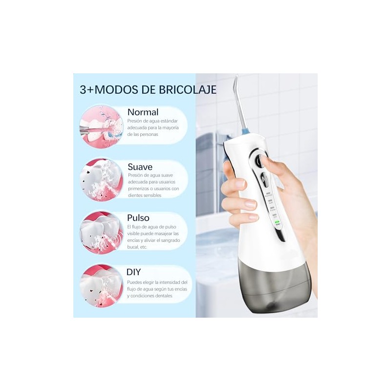 Irrigador Bucal 320ML, Portátil e Impermeable IPX7, 4 Modos y