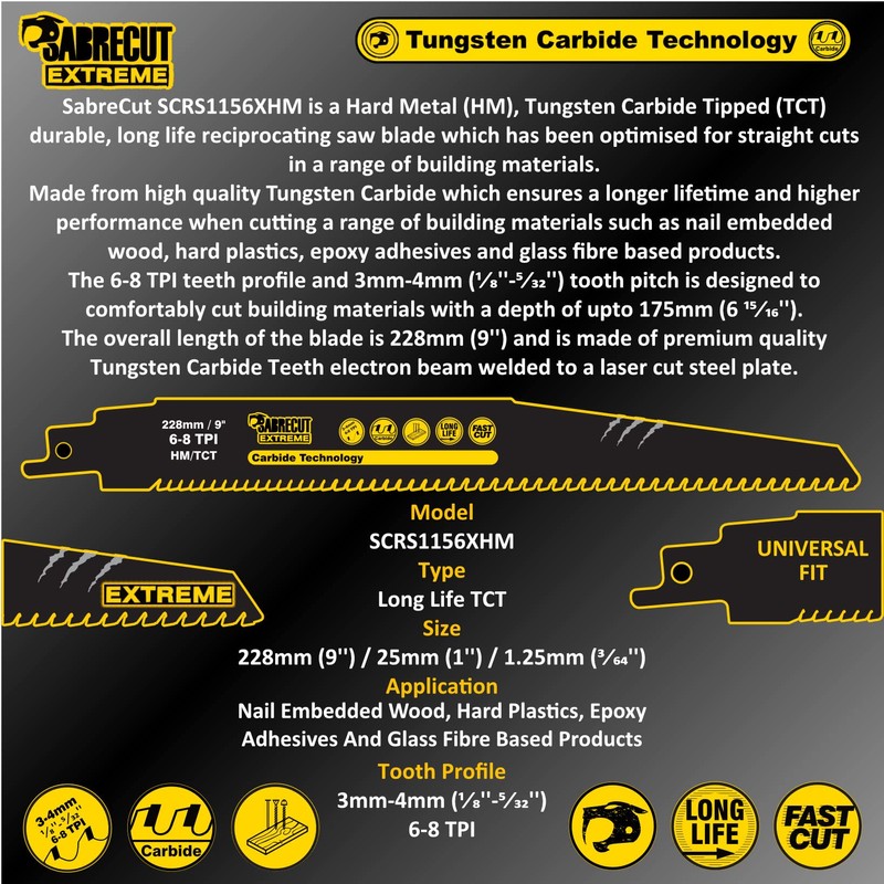 1 x SabreCut SCRS1156XHM Tungsten Carbide 228mm Variable 6-8 TPI