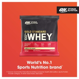 Optimum Nutrition Gold Standard 100% Whey Muscle Building and Recovery Protein Powder With Naturally Occurring Glutamine and BCAA Amino Acids, Vanilla Ice Cream Flavour, Pack of 24, 24 x 30g