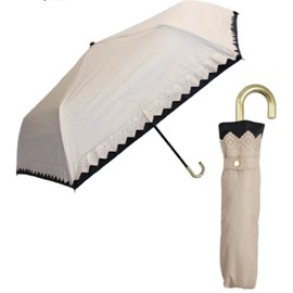 Folding Umbrella, Parasol, For Rain or Shine, Women's, Lightweight, Ribs, 21.7 inches (55 cm), Inner Coating, 99.9% UV Protection, UPF50+, Heat Blocking, Stylish, Easy to Hold, Gold J Handle, Ruffle
