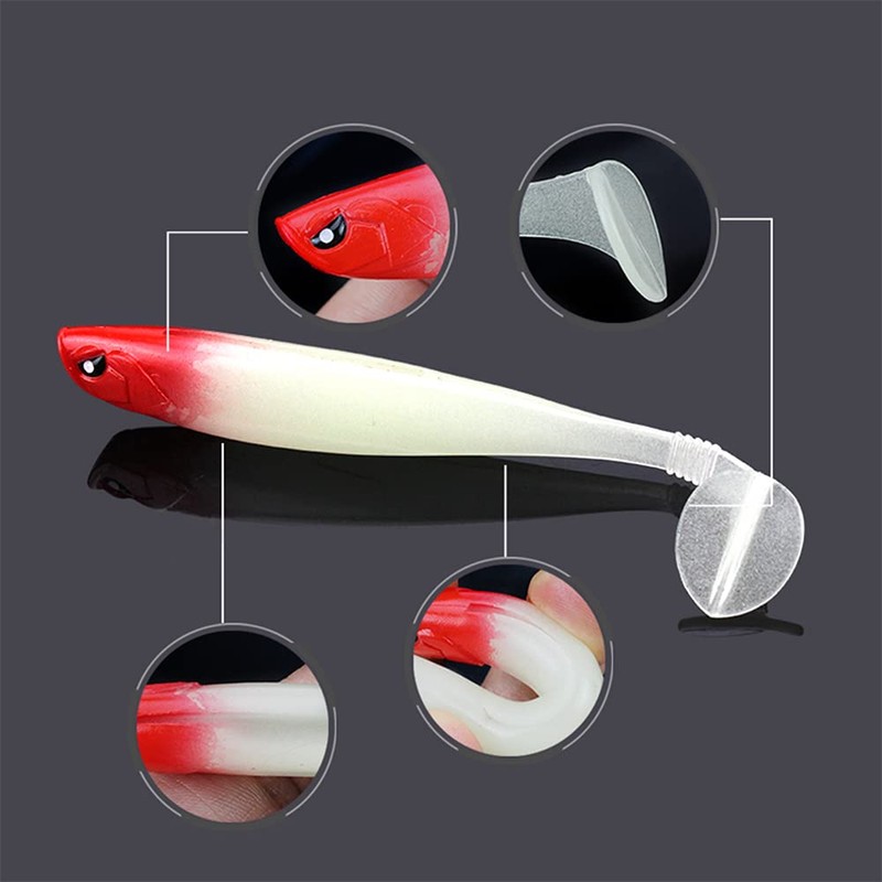 ANCLLO 5 Colors T-Tail Swimming Bait, Soft Bait, Curved Tail，Ribbed