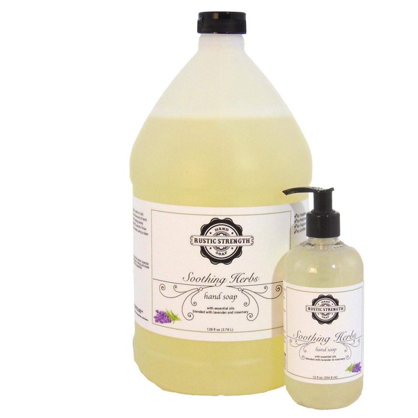 Rustic Strength Liquid hand soap, Soothing Herbs, 12oz countertop and 128oz refill (lavender/rosemary)