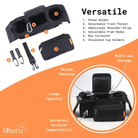 UHURU Stroller Organiser, Pram Caddy with *Extra Storage Pockets*, Pram Organiser with Insulated Coffee Cup Holders & Phone Storage, Compatible with UPPAbaby & 99% Prams, Ideal for Travel Stroller