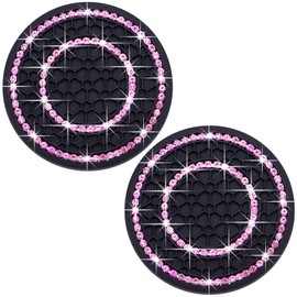 MEAJOO 2PCS Bling Crystal Rhinestone Cup Holder Coaster, 2.75 inch Soft Silicone Anti-Slip Shockproof, Car Cup Holder Insert Coasters, Universal Car Interior Accessories for Women (Black & Pink)