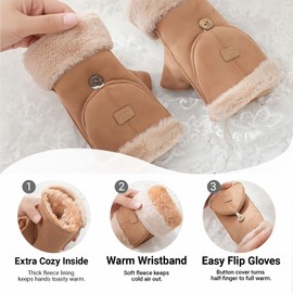 Geoxury Winter Fingerless Gloves for Women, Convertible Mittens Glove Warm Fur Half Finger Cover Gloves for Cold Weather