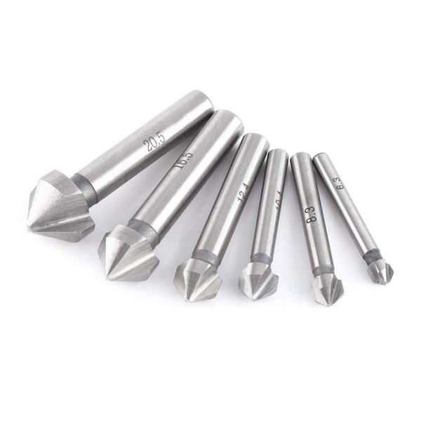 HSS Countersink Cutter Bits, 6.3mm/8.3mm/10.4mm/12.4mm/16.5mm/20.5mm 3-Flute Round Shank Countersink Cutter