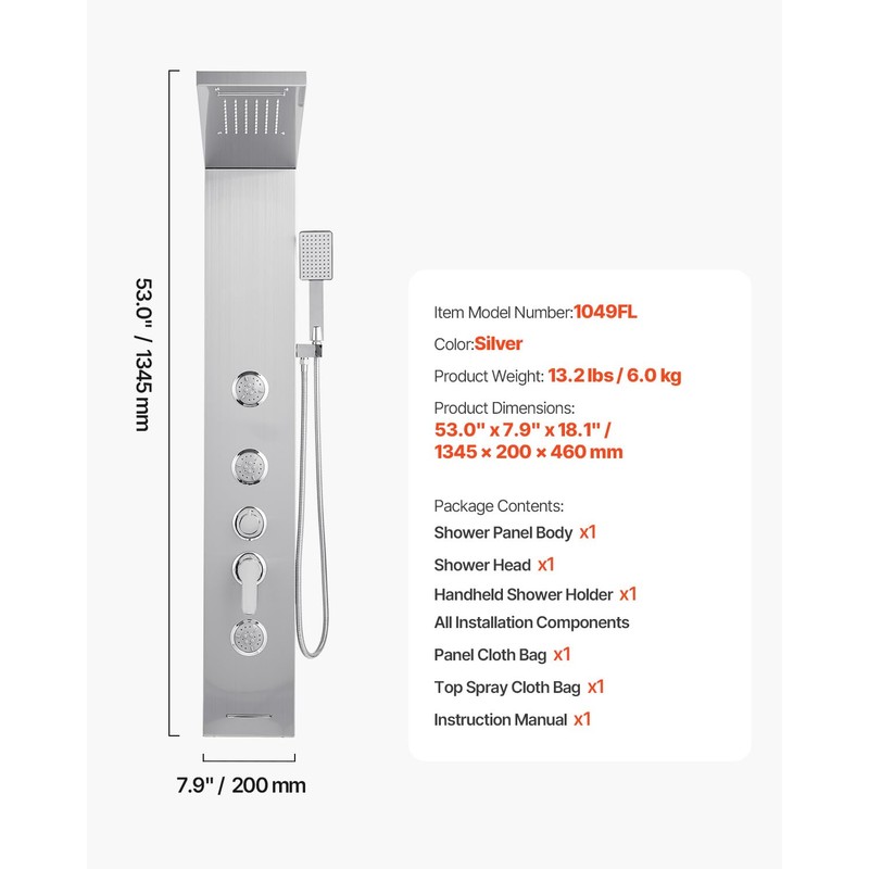 VEVOR Shower Panel Tower System with Rainfall Waterfall Shower Head,
