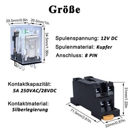 Electromagnetic Relay 12 V DC 5 A Coil Power Relay 8 Pins 2NO 2NC HH52PL MY2 Changer with Indicator Light with Socket Suitable for Top Rail Top Relay Top Hat Rail Base