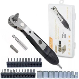 hgsdtools Right angle screwdriver set 35 in 1 1/4 mini ratchet wrench 1/4 inch bits 90 Deg