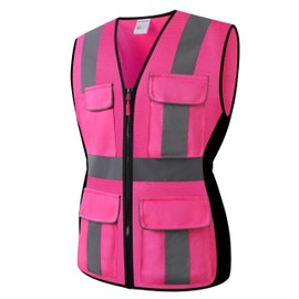 HoliSecure Safety Vest for women, Hi vis Reflective Lady Work vest With 9 Multi Pocket And Zipper, Pink-02, Large