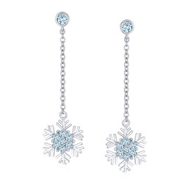Winter Ice Blue Cubic Zirconia Holiday Party CZ Long Chain Christmas Snowflake Dangle Earrings For Women Teen .925 Sterling Silver