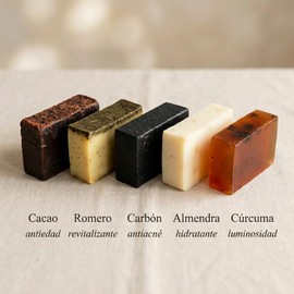 Jabones Artesanales Naturales Set 5 Piezas Hechos a Mano por Mujeres Mexicanas Cacao, Carbn Activado, Crcuma, Romero, Almendra 500 gr