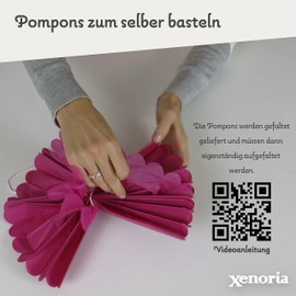 Set of 15 tissue paper pompoms, including satin ribbons (each 1.20 m) including gift packaging, with German video craft instructions (white/light blue/blue)
