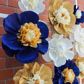 Mybbshower Crepe Paper Flower for Wall Psprt Pom Pom Decor Girls Birthday Party Backdrop Baby Shower Nursery Room Decoration Pack of 9 (Navy Gold White)