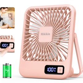 Mikikin Table Fan Battery Rechargeable, 2000mAh 180° Foldable Portable Personal Fan With Power Display, Ultra Quiet Suitable for Home Office Travel Desktop Outdoor, 5 Speeds - Pink