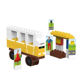 BiOBUDDi BB-0113 Bus Kit, Biological Building Blocks for Plug-In, Compatible with Other Brands, Made of Organic Plastic, 31 Clamping Blocks, Play Background and Cardboard Toy Figures