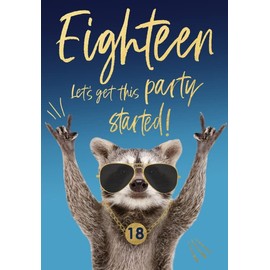 Abacus Cards Mens 18th Milestone Birthday Card - Age 18 - Get The Party Started! Raccoon Embossed with Foil - Eco-Friendly and Recyclable