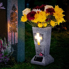 Solar Cemetery Grave Vase with LED for Fresh/Artificial Flowers Headstones Vases with Spikes Gravestone Decor Memorial Gifts for Loss of Loved One