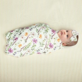 Baby Muslin Swaddle Blankets for Boys & Girls, Newborn Swaddle Set with Matching Headband Bow, 47 x 47 inches, Neutral Infant Blanket Wrap, Wildflower Pattern, 70% Viscose from Bamboo and 30% Cotton