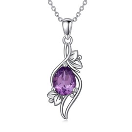 Gnteey Vintage Amethyst Necklace 925 Sterling Silver Solitaire Birthstone Pendant for Women