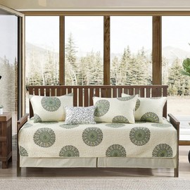 BYTIDE 6 Piece Reversible Microfiber Medallion Printed Daybed Cover Set, All Season Luxury Bedding with Bedskirt, Matching Shams, Decorative Pillow, 75"x39", Yellow Green