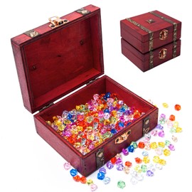 Sixfolo Pack of 2 Wooden Treasure Chest Small 13 x 11 x 5.5 cm Vintage Treasure Chest Wooden Pirate Treasure Chest Children with 300 Fake Gemstones for Storage, Pirate Party, Treasure Hunt Children's