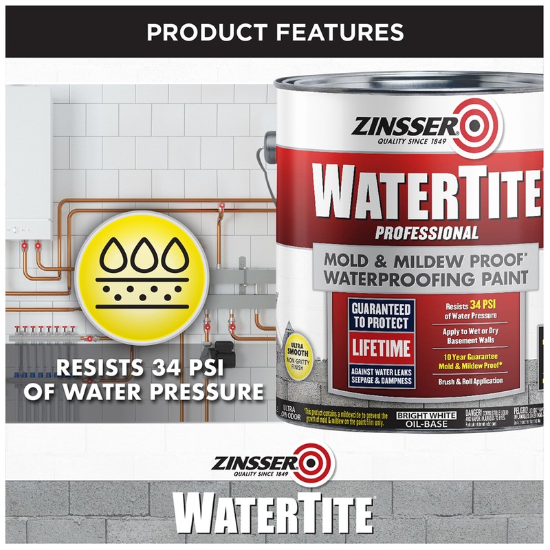 Zinsser 5001 WaterTite Professional Waterproofing Paint, Gallon, White
