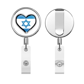 Israel Grunge Heart Flag Round ID Badge Key Card Tag Holder Badge Retractable Reel Badge Holder with Belt Clip