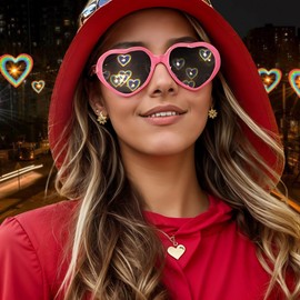 SAIONJI Heart Diffraction Glasses - With Leather Metal Glasses Case - Heart Effect Sunglasses for Light Shows, Festivals, Fireworks (Pink)