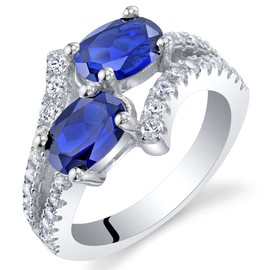 PEORA Created Blue Sapphire Forever Us Two-Stone Ring for Women 925 Sterling Silver, 2 Carats Oval Shape 7x5mm, Size 6, September Birthstone Ring, Gifts for Birthday, Anniversary, Wedding