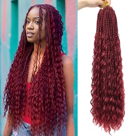 Burgundy Red Boho Box Braids Crochet Hair for Women 24 Inch 7 Packs Goddess Box Braids with Curly Ends Short Crochet Braids Pre Looped Bohemian Braiding Hair Extensions, Bug