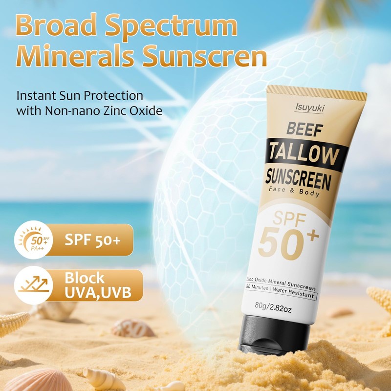 Mineral Sunscreen with Zinc Oxide SPF 50, Natural Beef Tallow